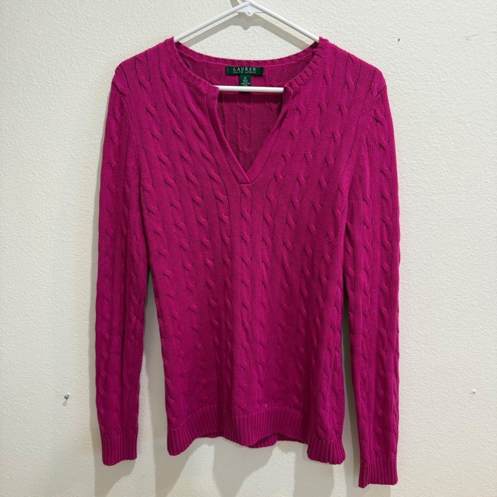 Lauren Ralph Lauren Magenta Pink Cable Knit Cotton Split V-Neck Sweater Medium